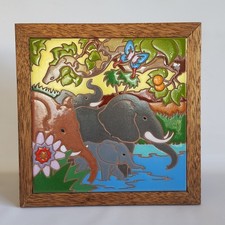 Hand-Painted Ceramic Art Tile Elepants Framed Wooden Arius Of Sante Fe picture