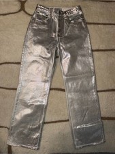 Abercrombie & Fitch Women’s 4/27 Silver Metallic High Rise Straight Leg Jeans picture
