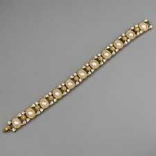 Vintage Trifari Bracelet Gold Tone Faux Pearl Rhinestones Textured MCM picture