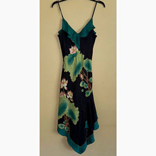 Vintage Sue Wong 100% Silk Lotus Floral Midi Slip Dress Ruffle Asymmetric Size 6 picture