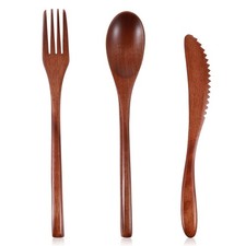 3 PCS Wooden Utensil Set for Eating, Wooden Forks Spoons Knife Reusable Wood ... picture