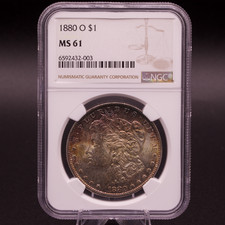 1880-O Morgan Silver Dollar NGC MS61 Orange Blue Toned New Orleans Mint $1 Coin picture