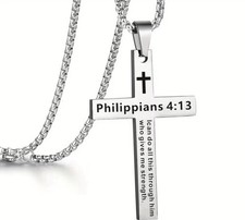 Philippians 4:13 Stainless Steel Cross Pendant Necklace Silver Chain picture