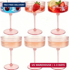 PLULON 6 Pcs Pink Champagne Martini Glasses Set 10 Oz Plastic Ribbed Coupe Cup, picture