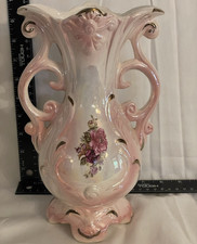 Pink & White Ceramic Floral Vase Glossy Decorative Flowers Thailand 10 in picture