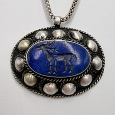 Antique 800 Silver Lapis Lazuli Carved Deer Intaglio Ethnic Oval Pendant 14g picture