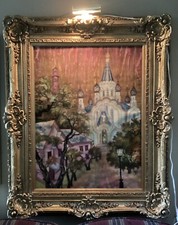 Huge Antique Russian Painting On Fabric In Ornate Hand Made VTG Frame, 56