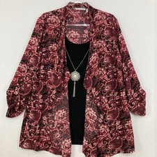 Notations size 1X Black Burgundy Abstract Layered Rolled Sleeve Top Office Work picture