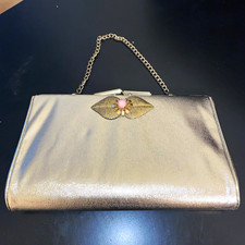 Vtg 50’s-60’s Gold Metallic Evening Clutch Bag Rhinestone Pink Floral Leaf Clasp picture