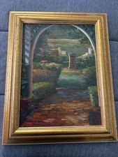 Framed Arched Garden Scene Oil on Canvas Signed by Sigurd Skou picture