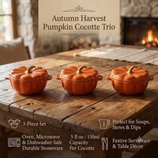 Pioneer Woman 0.5 Qt Pumpkin Stoneware Mini Cocottes w/ Lids Orange Set of 3 picture