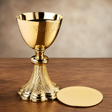 Gold Plated Engraved Brass Chalice and Paten Set with Grapes and Wheat Design picture