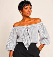 LOFT Women’s S Black White Striped Off Shoulder Tie Front Blouse NWT picture