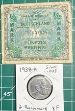1938A German WW2 2 Marks SILVER .625 Coin & 1944 1/2 Mark Pfennig Paper Currency picture