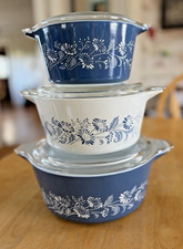 Set of 3 PYREX Vintage Colonial Mist Blue White Casserole 475 + 474 + 473 w/Lids picture
