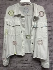 Mazik Women’s L White Eyelet Colorful Flower Denim Button Up Jacket  picture