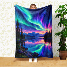 Mirrored Aurora Borealis Lake Coral Fleece Blanket Nature Decor picture