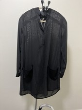 Womens Black Sheer Crinkle Chiffon Tunic Shirt Dress Band Collar Patch Pockets picture