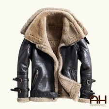 Men RAF Aviator Real Leather Double Collar Jacket Coat Bomber B3 SheepSkin N43 picture
