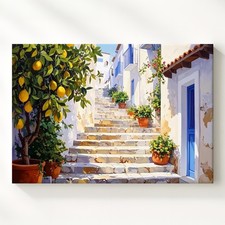 Sunlit Mediterranean Alley Canvascharming Village Staircase & Lemon Trees Wall picture