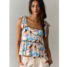 THML Fiesta Floral Tie Top Multi Color Pom Pom Peplum Sleeveless Blouse Medium picture