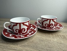 Set Of 2 Hermès Balcon du Guadalquivir Red Porcelain Tea Cups & Saucers picture