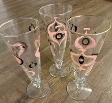 Vintage MCM Libbey Seville Atomic Pilsner Glasses Pink Black Gold Set of 3 Retro picture