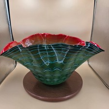 Large Vintage Hand Blown Art Glass Centerpiece Bowl Green Red Ruffled 20 Inch picture