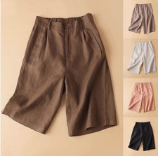 Womens Long Shorts Cotton Linen Knee Length with Pockets Lightweight Loose New picture