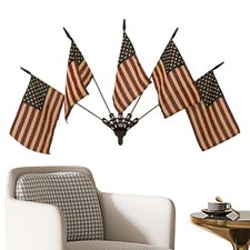 Vintage Five Tea-Stained Flags In A Rustic Cast Iron Wall Display, US Mini Flag picture