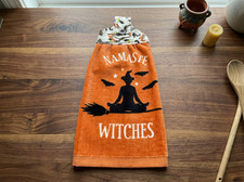 Halloween Handmade Hanging Dishtowel Namaste Witches in White on Orange Towel picture