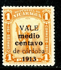 Nicaragua 1913 Liberty ½¢/3¢ Yellow Brown Scott #313 Mint N154 picture