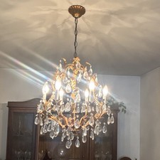 Vintage Mid-Century Gilt Brass Crystal Cage Chandelier Hollywood Regency Louis  picture