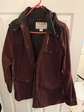 Filson woman’s Hooded Field Jacket Burgundy Size L  Zip/Button Mid-Length picture