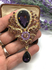 Lovely Large Purple Victoriana Vintage Style Rhinestone Floral Drop Brooch  picture