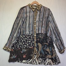 John Mark Womens 2X Boho Patchwork Tunic Shirt Roll Tab Sleeves Button Front picture