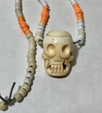 Vintage Hand Carved Yak Bone Skull Bead Necklace Orange White Barrel Beads 22” picture