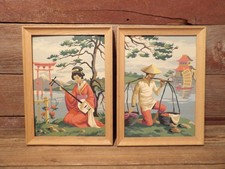 Vintage SET 1950’s Number Painting JAPANESE Musical Lady & Boat Man Framed picture