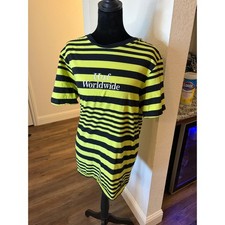 Huf Worldwide Mens Striped T-Shirt Neon Green Black Embroidered Logo Tee picture