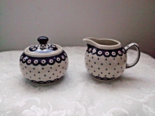 2 Pc  Set POLISH BOLESLAWIEC STONEWARE POTTERY SUGAR BOWL + LID And CREAMER picture