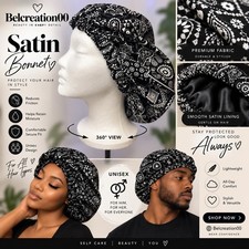 Black & White Paisley Satin Bonnet | Unisex Hair Bonnet picture