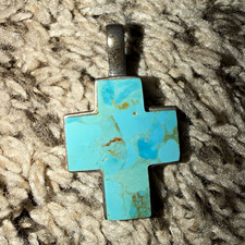 Vintage Southwestern Turquoise Cross Pendant Sterling Silver 20g picture