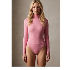 AFRM Zadie Mock Neck Mesh Bodysuit Pink Long Sleeve Sheer Thong AER003013 Small picture
