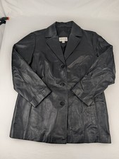 Worthington Women's XL Black Genuine Leather Long Coat Button Front Vintage  picture