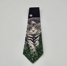Endangered Species White Siberian Tiger Necktie By Marc Dennis Navy Blue Silk picture