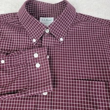 L.L.Bean Button Down Cotton Shirt Mens L Burgundy Grid Print Traditional Fit picture
