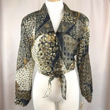 Vintage Womens (L) Sheer Animal Print Crop Blouse Metallic Gold Mobwife Y2K USA picture