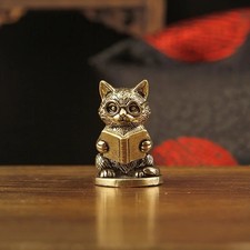 1pc Vintage Brass Cat Figurine Wearing Glasses Reading Cat Desk Decor Gift picture