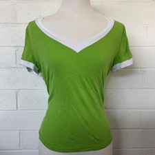 Y2K Sporty Ringer Tee Lime Green White Contrast Trim V-Neck Ribbed Baby Tee M picture