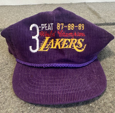 Vintage Amapro Los Angeles Lakers NBA 3-Peat 87-88-89 Purple Corduroy Cap Rare picture